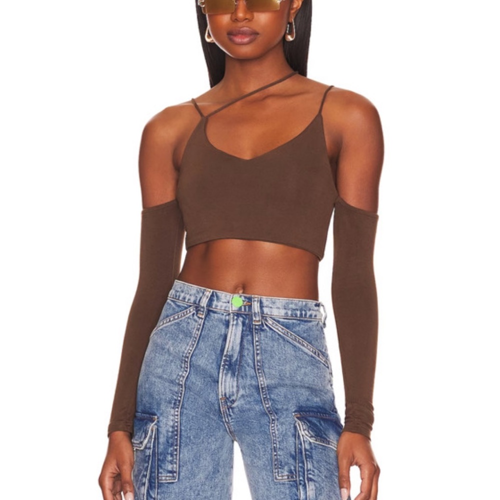 superdown Chocolate Brown Crop Top Asymmetrical Long Sleeve Cut Out